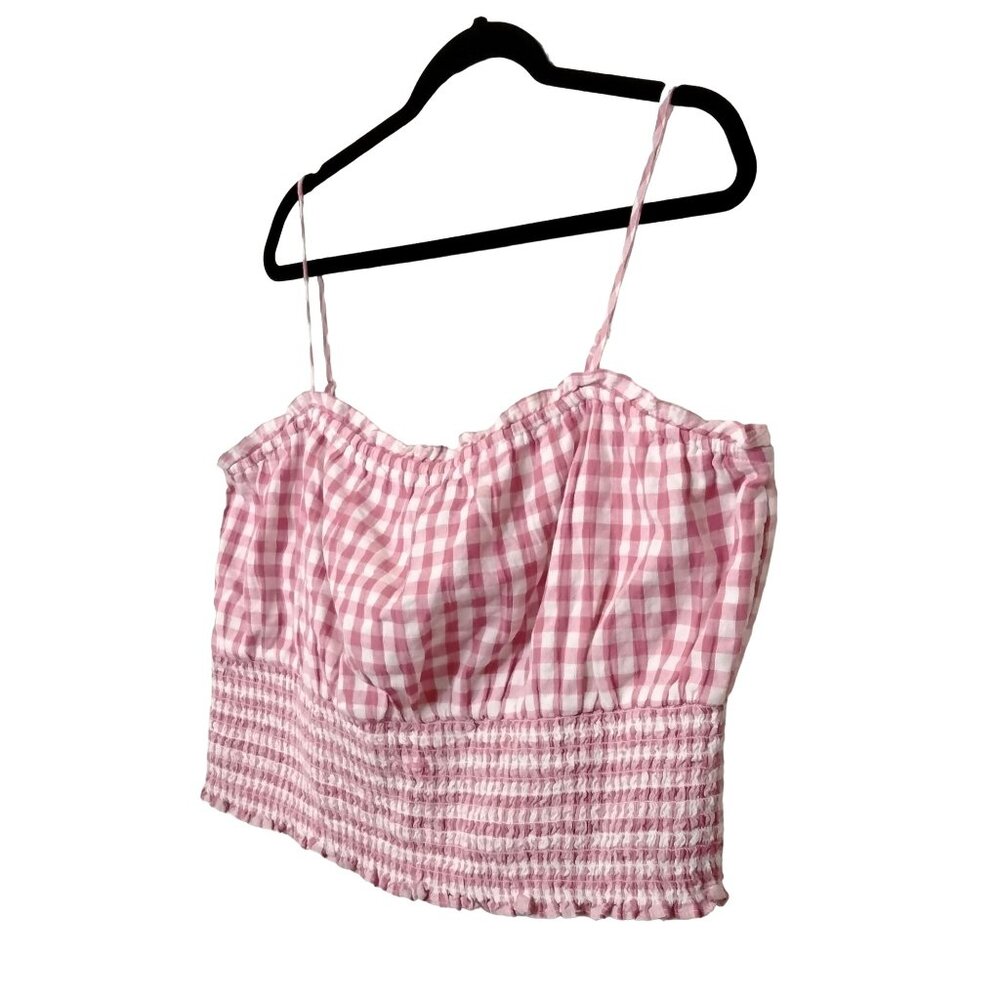 American Eagle Plus Size XXL Crop Top Gingham Smocked Pink White Lightweight - Picture 4 of 9